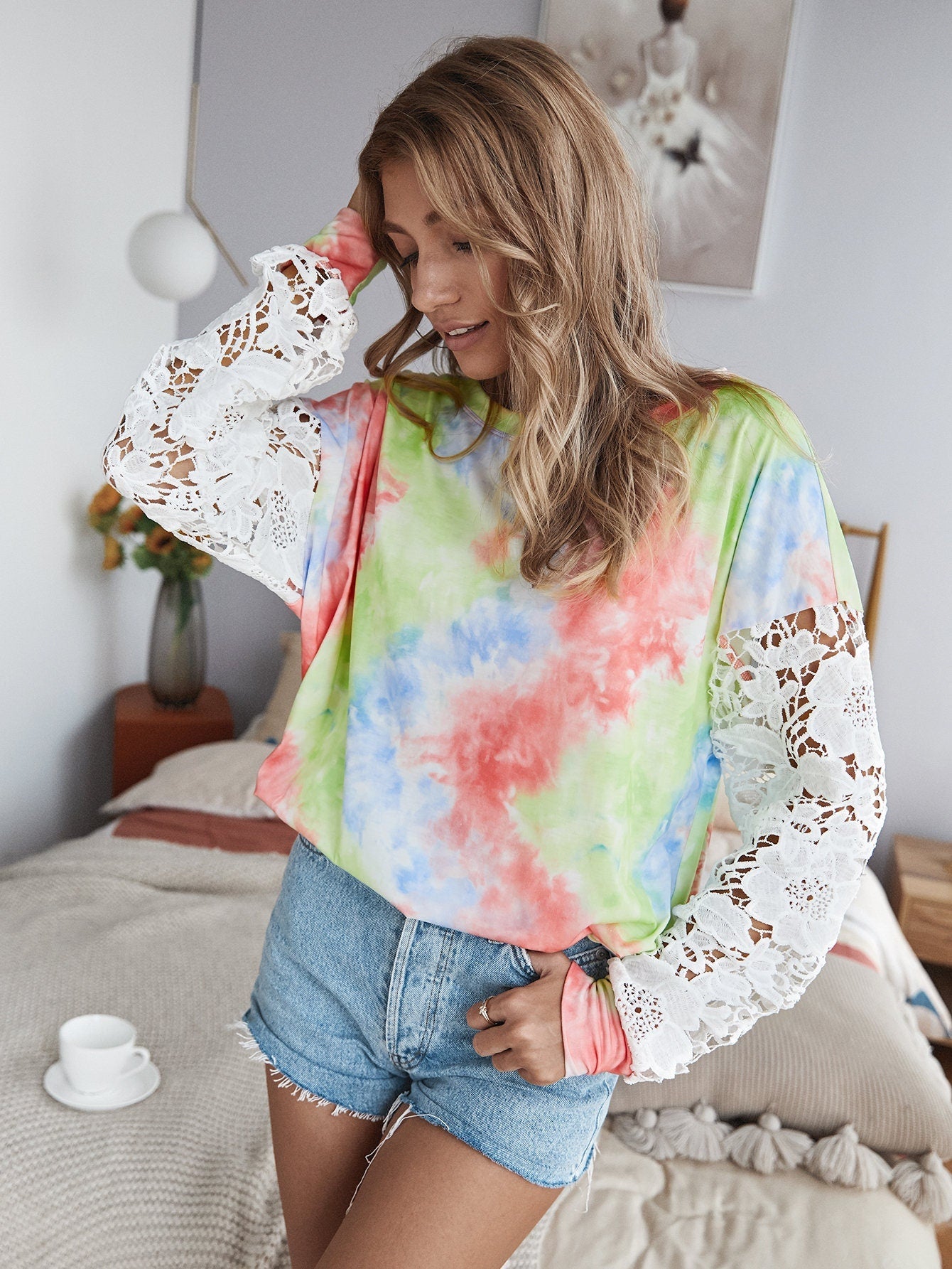 Tie Dye Lace Sleeve Comfort Top