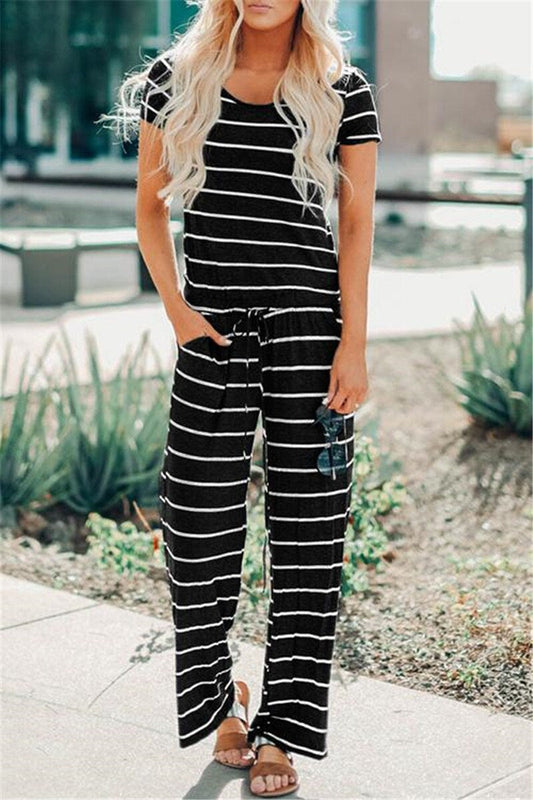 Short Dress Scoop Neck Striped Print Wide Leg Drawstring Pockets Loose Fit Jumpsuit | Dress - Women's | 2023, jumpsuit, Jumpsuit and Romper, New Arrivals | Elings