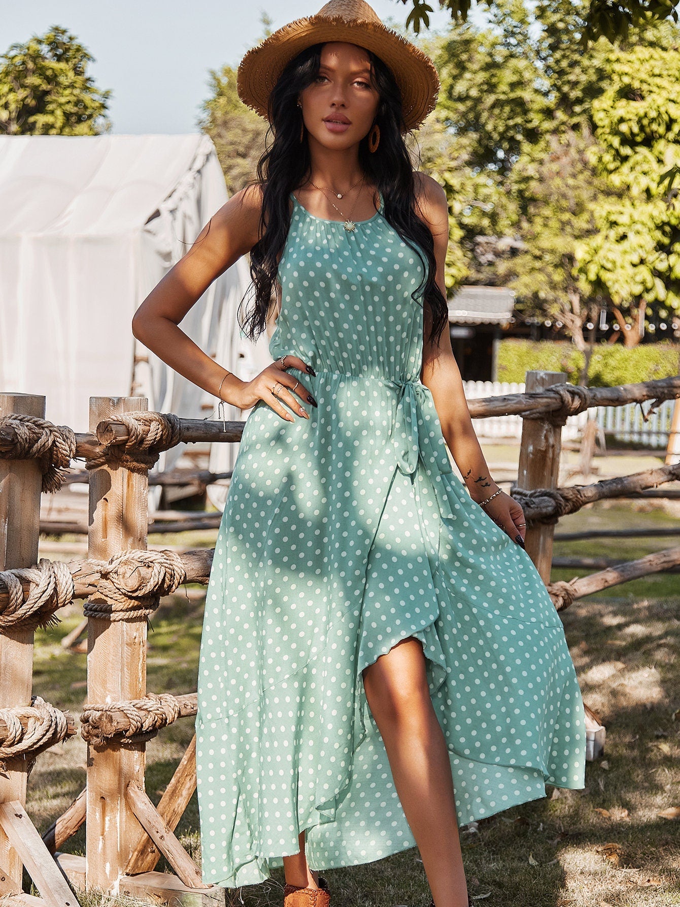 Polka Dot Asymmetrical Maxi Dress