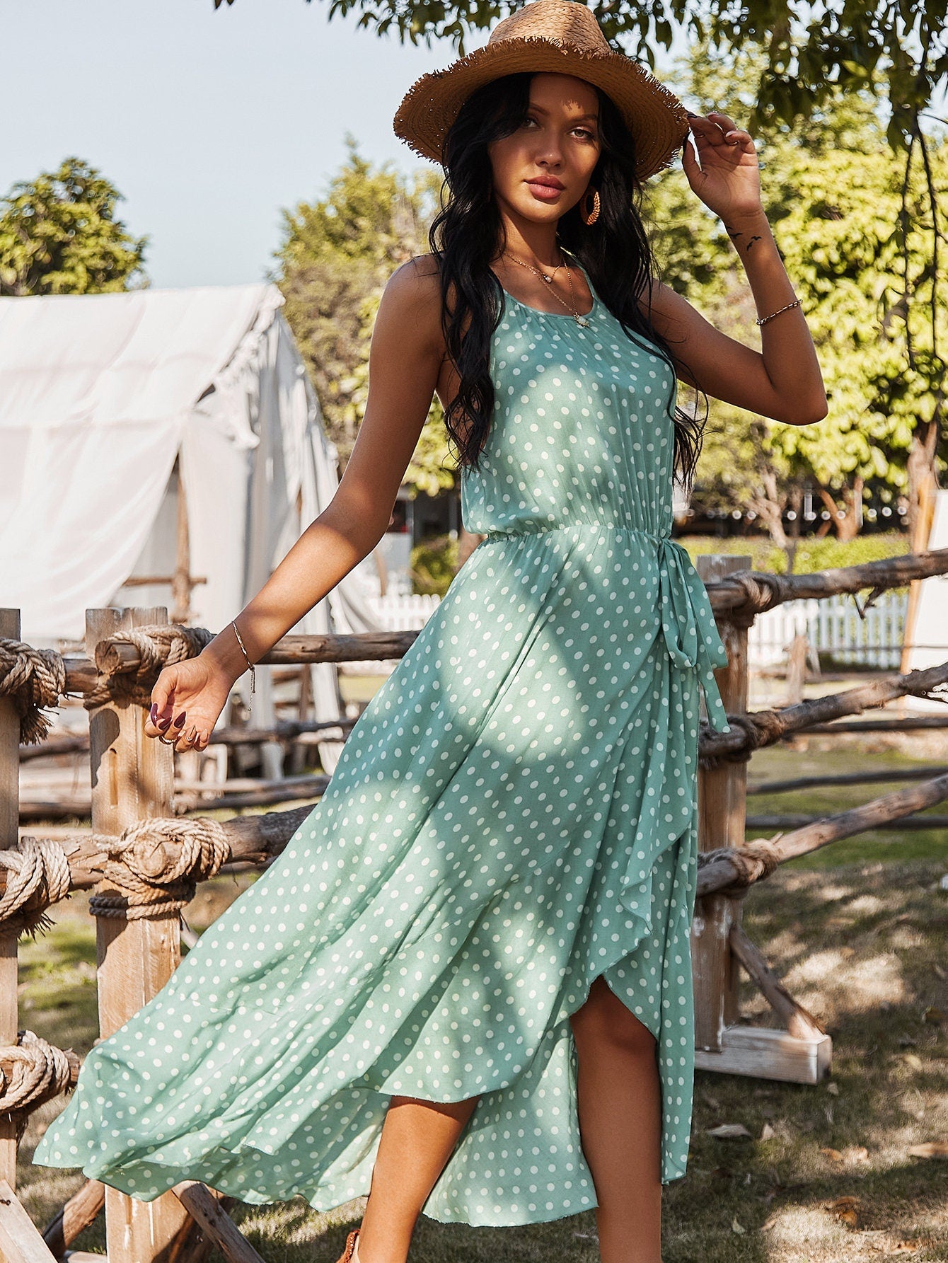 Polka Dot Asymmetrical Maxi Dress