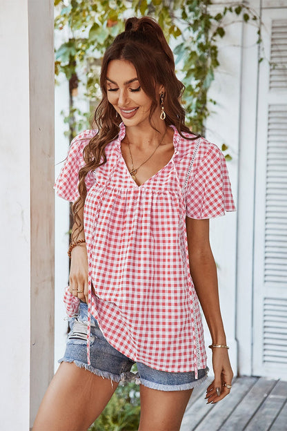 Plaid V Neck Ruffled Tunic Top