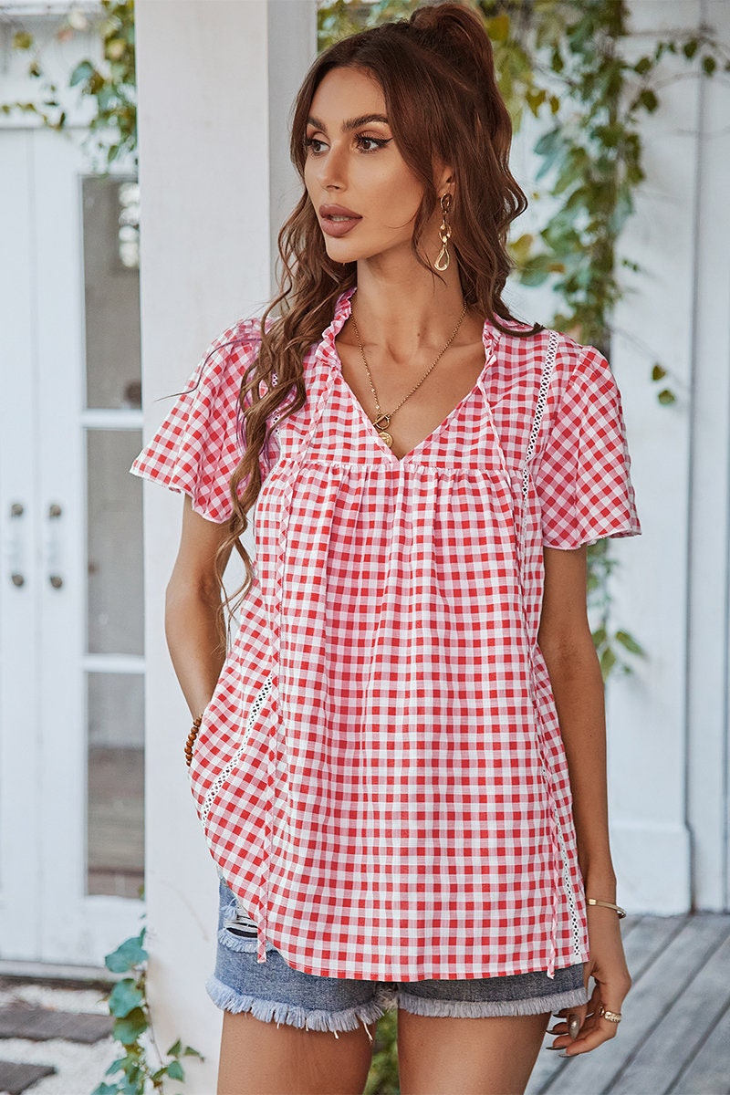 Plaid V Neck Ruffled Tunic Top