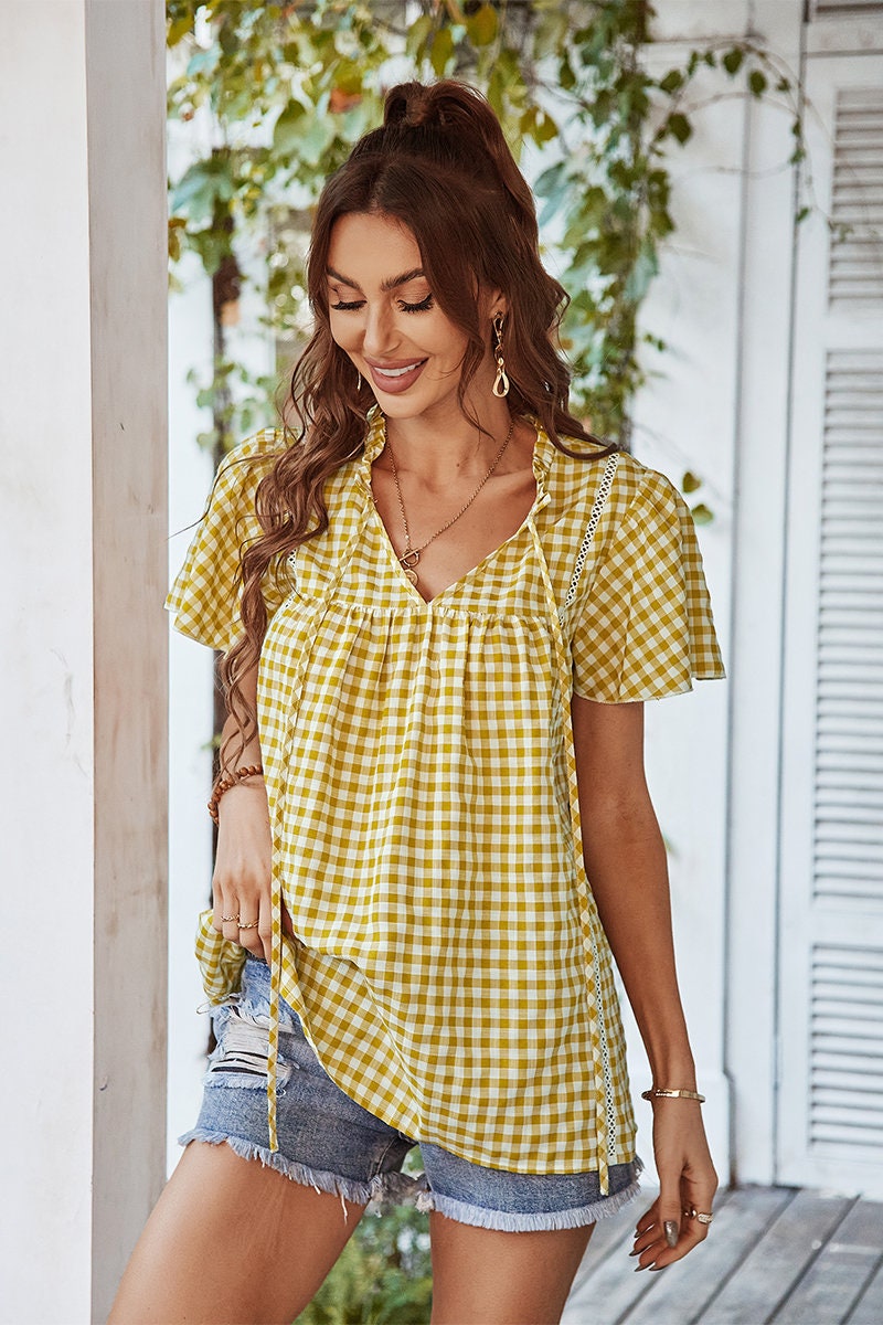 Plaid V Neck Ruffled Tunic Top