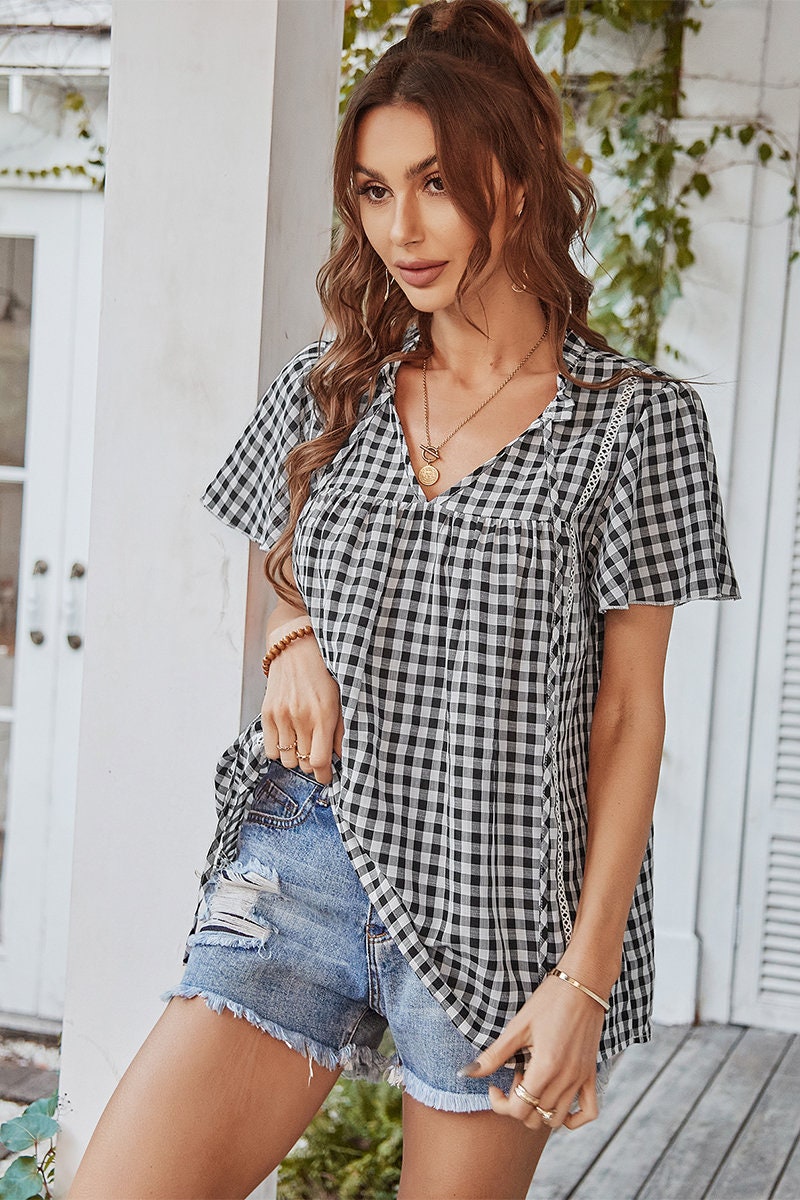 Plaid V Neck Ruffled Tunic Top