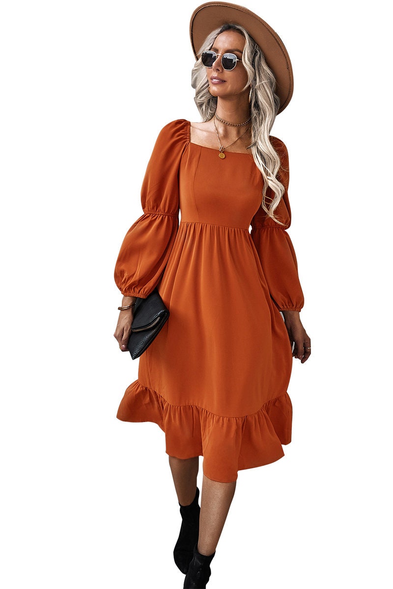 Square Neck Ruffled Midi Dress