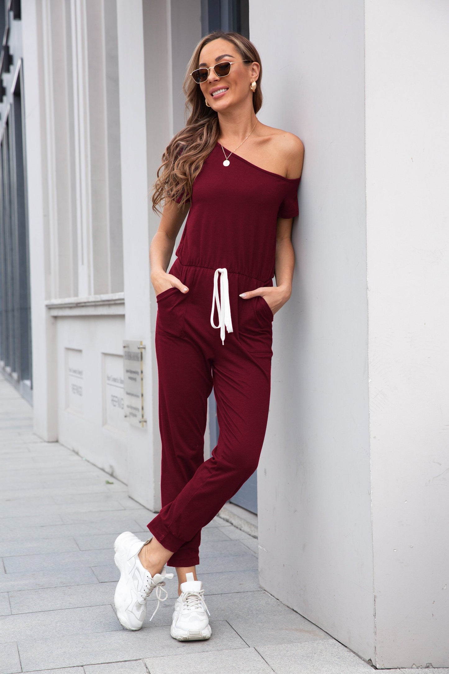 One Shoulder Short Sleeve Drawstring Pockets Straight Leg Solid Loose Fit Jumpsuit