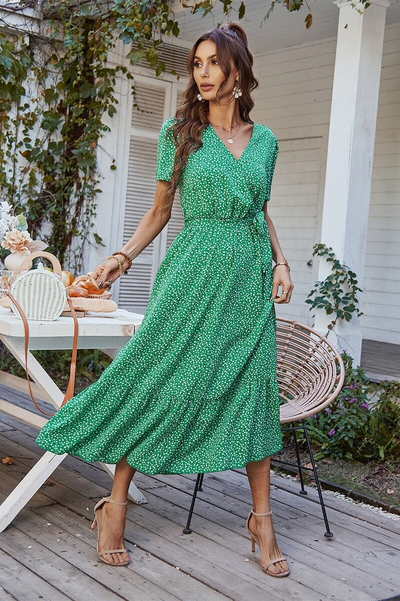 Polka Dot V Neck Maxi Dress