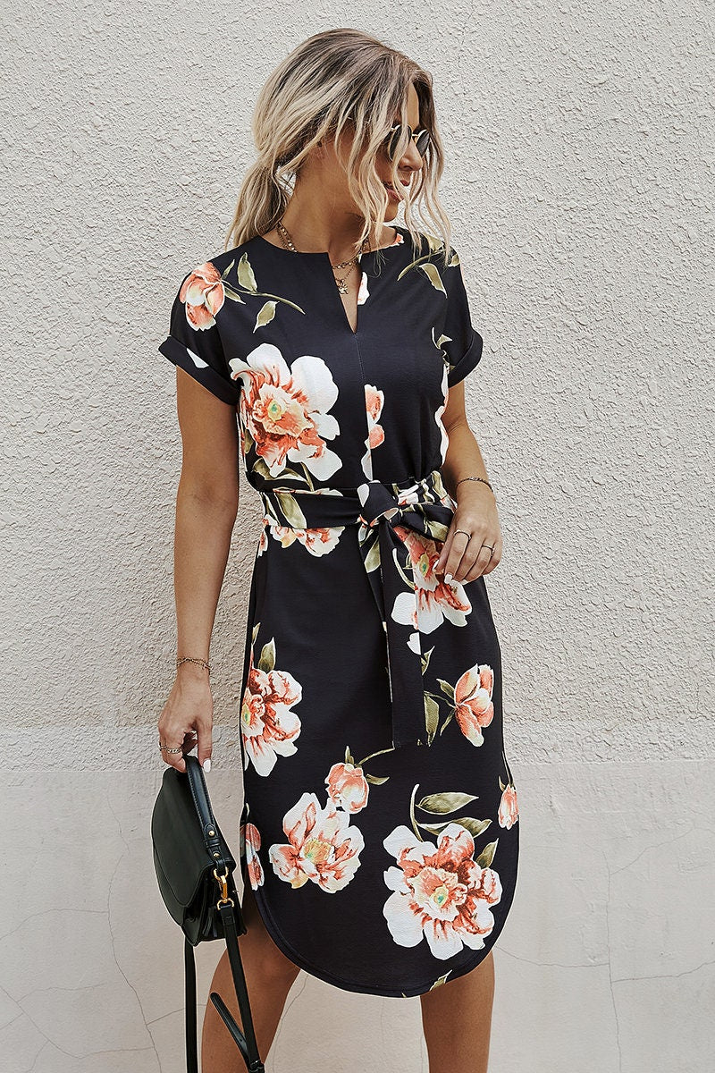 Floral Print Waist Tie Midi Dress