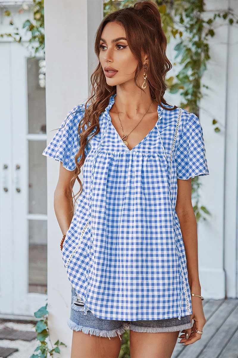 Plaid V Neck Ruffled Tunic Top