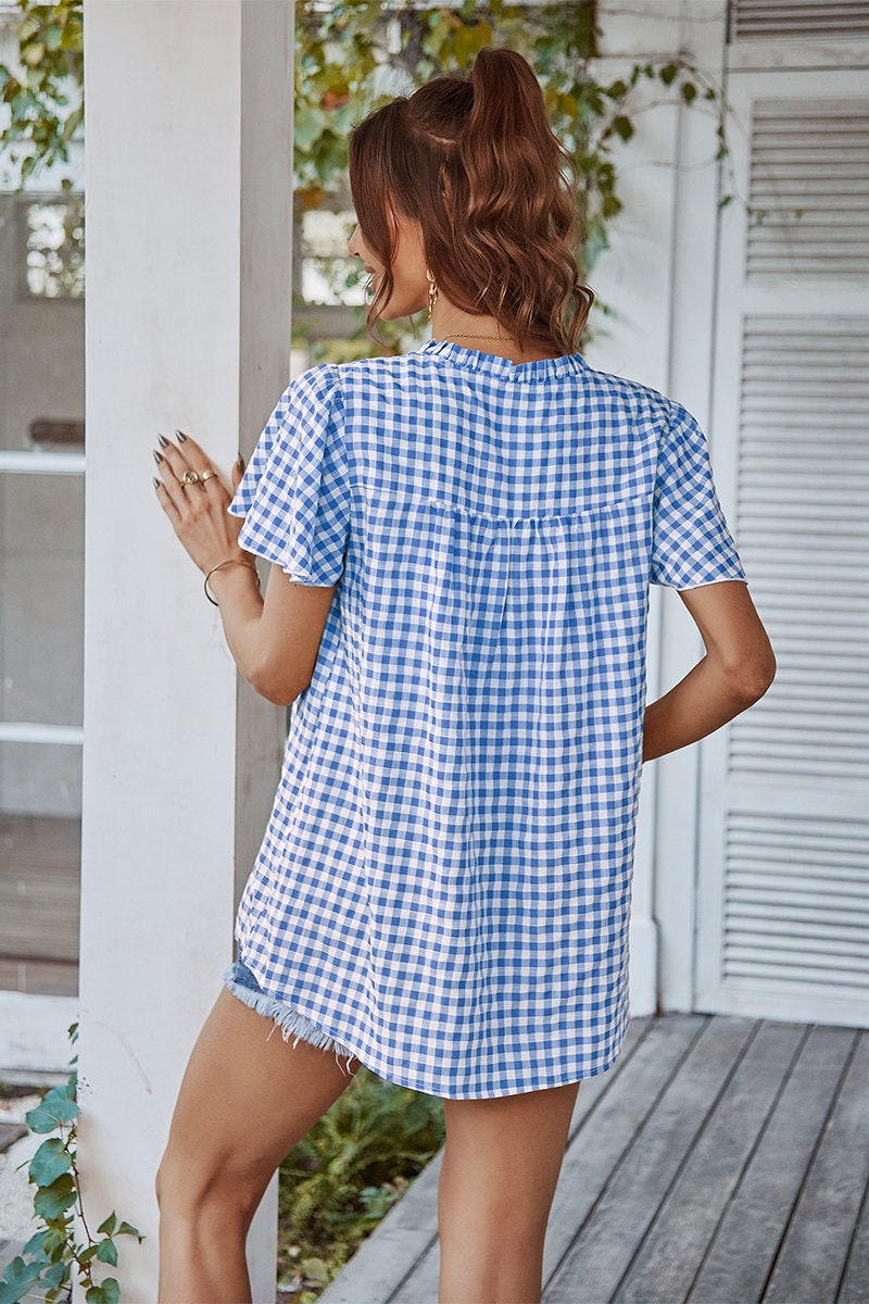 Plaid V Neck Ruffled Tunic Top