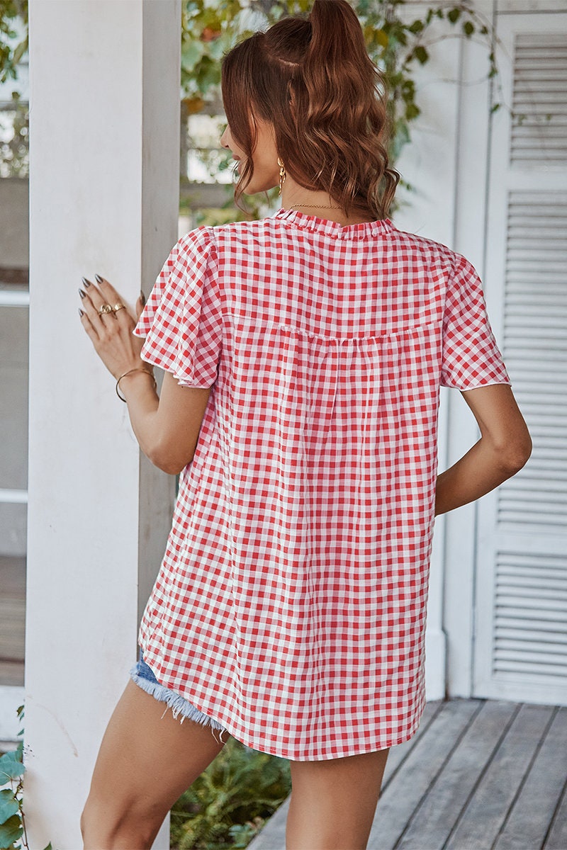 Plaid V Neck Ruffled Tunic Top