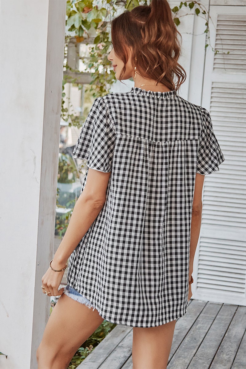 Plaid V Neck Ruffled Tunic Top