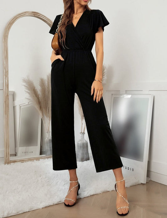 V Neck Cross Short Ruffled Sleeve Fitted Solid Wide Leg Jumpsuit | 2023, jumpsuit, Jumpsuit and Romper, New Arrivals | Elings