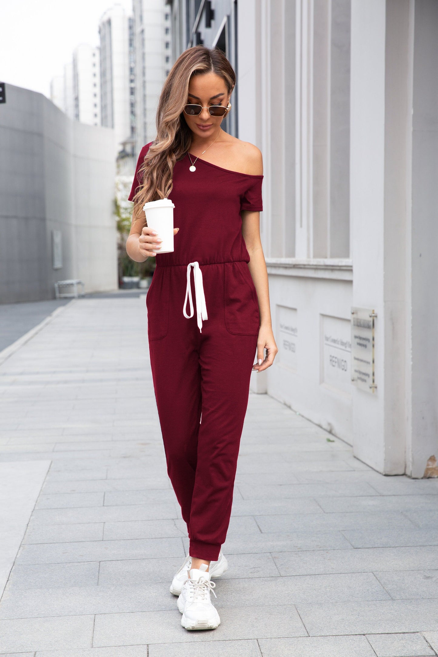 One Shoulder Short Sleeve Drawstring Pockets Straight Leg Solid Loose Fit Jumpsuit