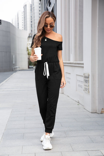 One Shoulder Short Sleeve Drawstring Pockets Straight Leg Solid Loose Fit Jumpsuit | 2024, Clearance, Jumpsuit and Romper | Elings