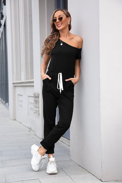 One Shoulder Short Sleeve Drawstring Pockets Straight Leg Solid Loose Fit Jumpsuit