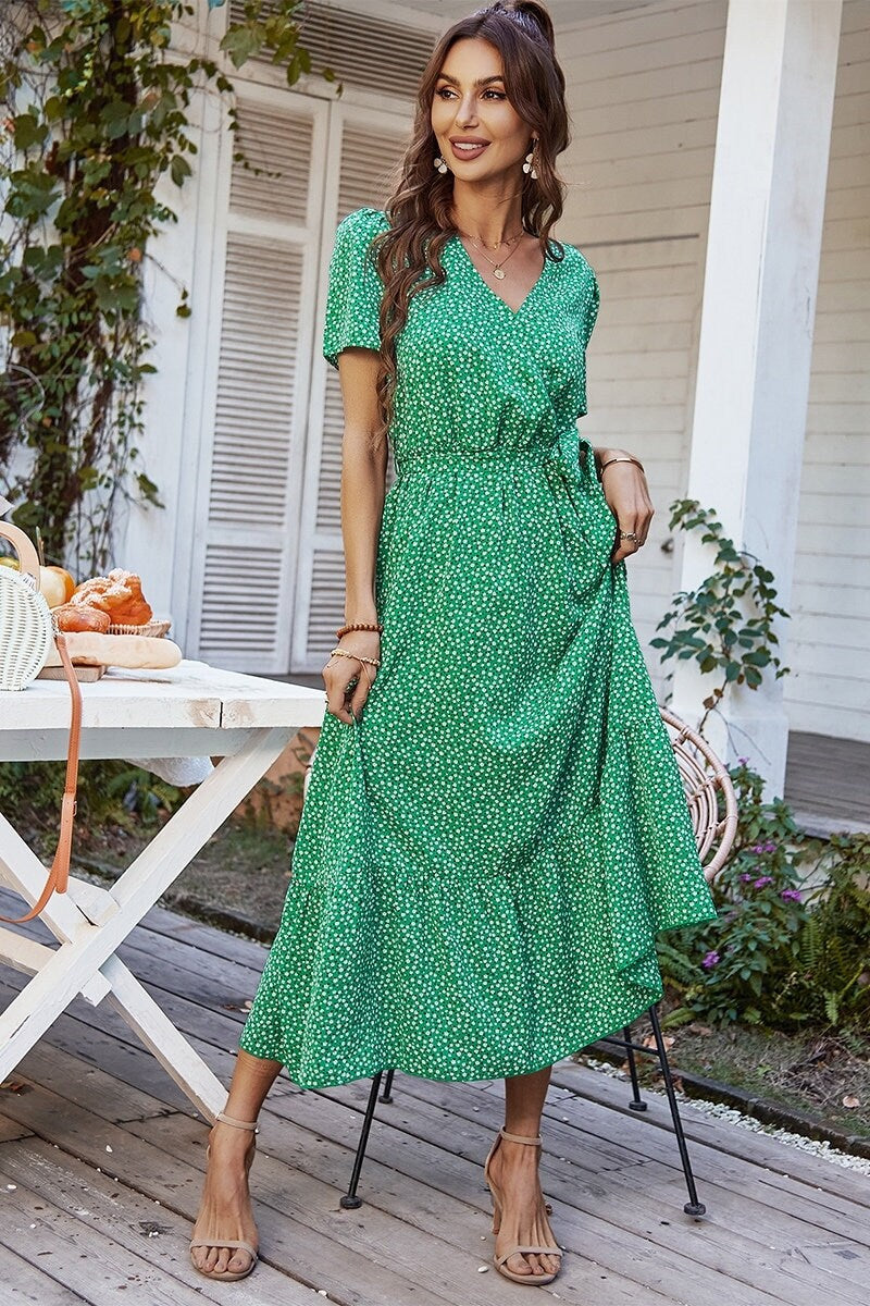 Polka Dot V Neck Maxi Dress