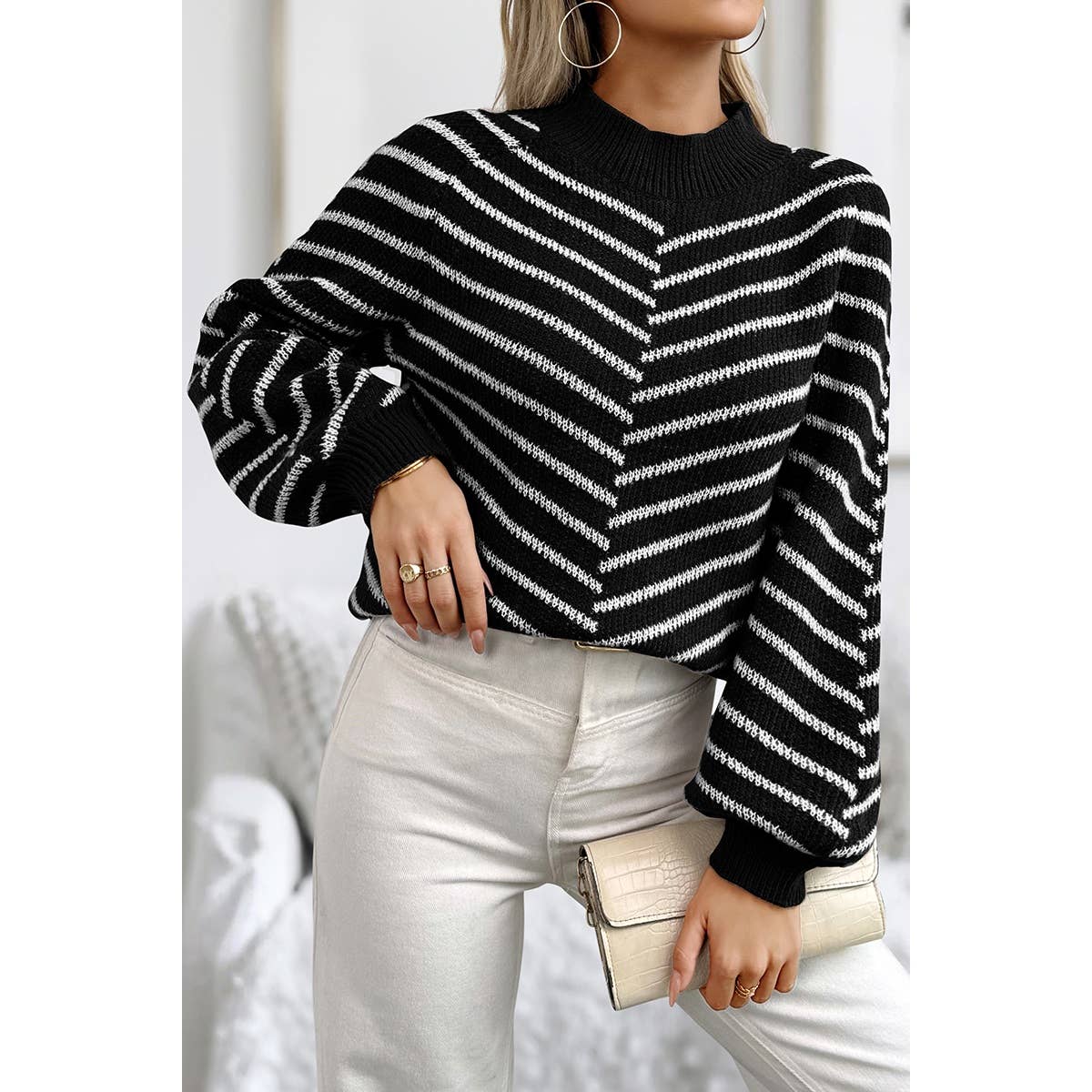 Knit Strip Color Block Loose Long Sleeves Sweater