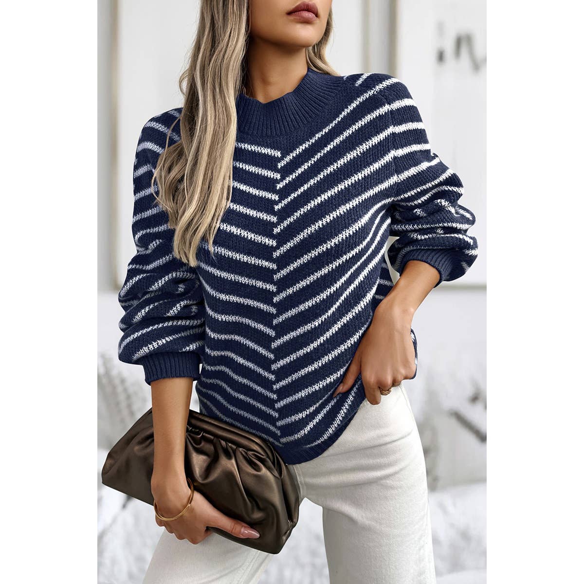 Knit Strip Color Block Loose Long Sleeves Sweater