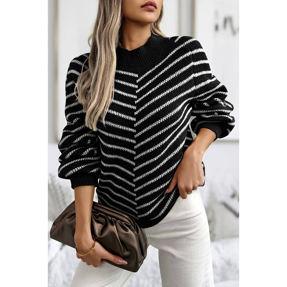 Knit Strip Color Block Loose Long Sleeves Sweater