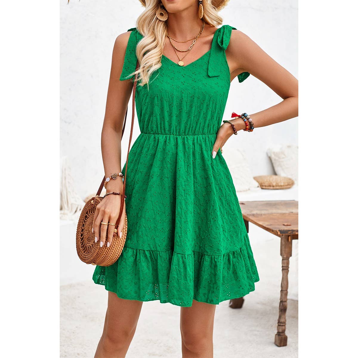 Knot Shoulder Hollow Out Sleeveless Ruffle Dress