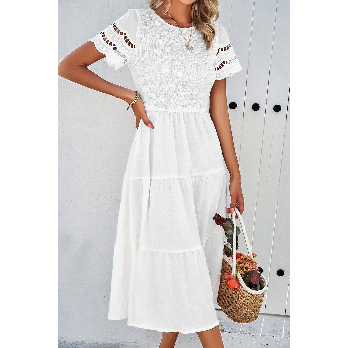 Lace Round Neck Ruched Fit Ruffle Solid Dress