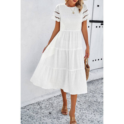 Lace Round Neck Ruched Fit Ruffle Solid Dress