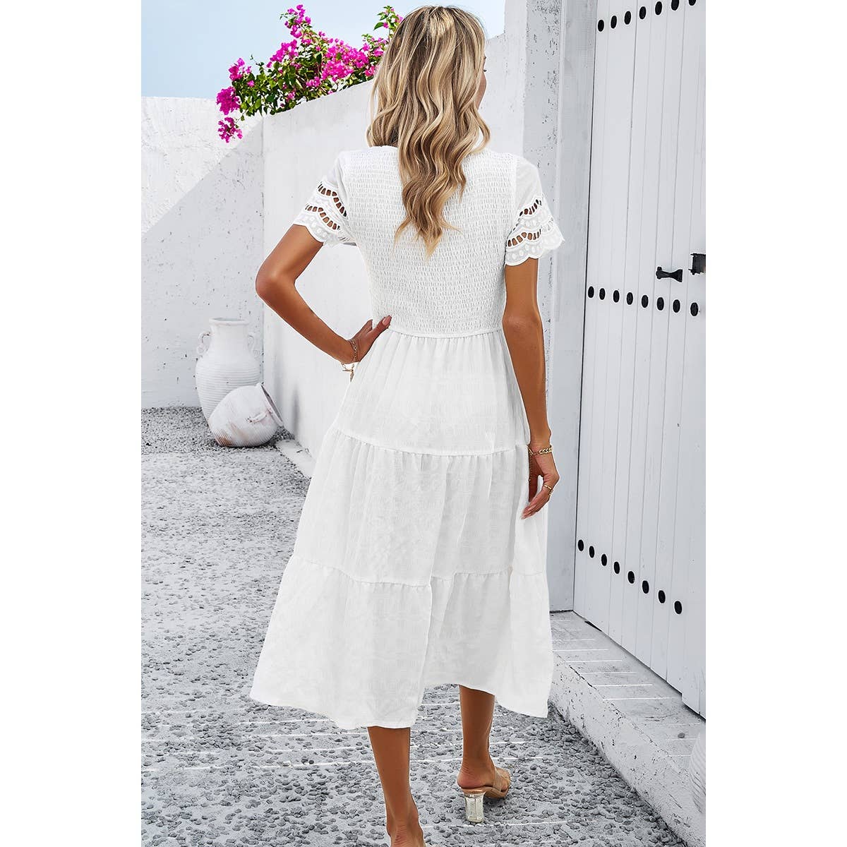 Lace Round Neck Ruched Fit Ruffle Solid Dress