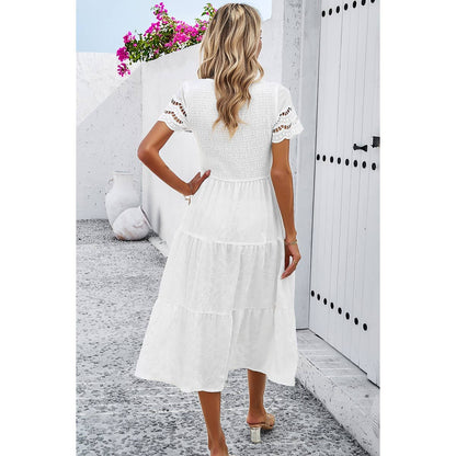 Lace Round Neck Ruched Fit Ruffle Solid Dress