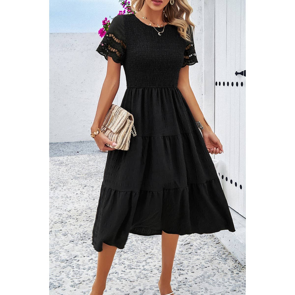 Lace Round Neck Ruched Fit Ruffle Solid Dress