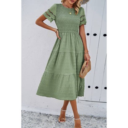 Lace Round Neck Ruched Fit Ruffle Solid Dress