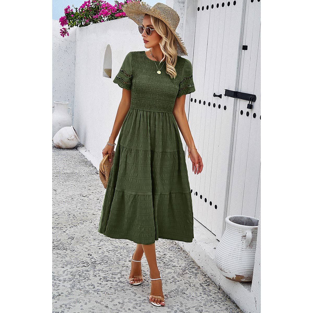 Lace Round Neck Ruched Fit Ruffle Solid Dress