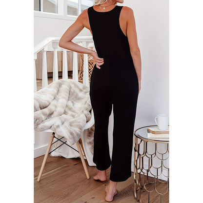 Low Neck Button Trim Solid Sleeveless Jumpsuit