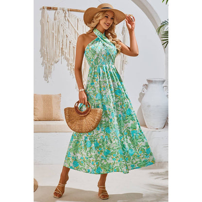 Off Shoulder Halter Floral A Line Ruffle Dress