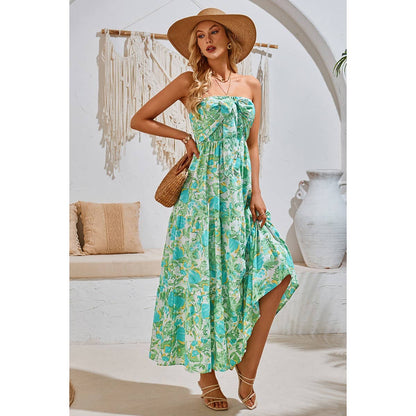 Off Shoulder Halter Floral A Line Ruffle Dress