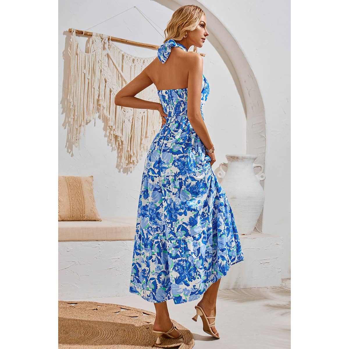 Off Shoulder Halter Floral A Line Ruffle Dress