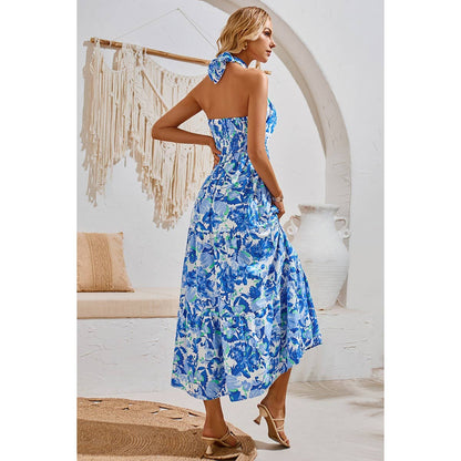 Off Shoulder Halter Floral A Line Ruffle Dress