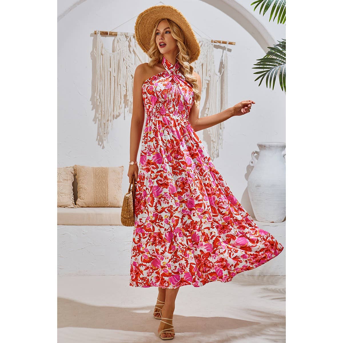 Off Shoulder Halter Floral A Line Ruffle Dress