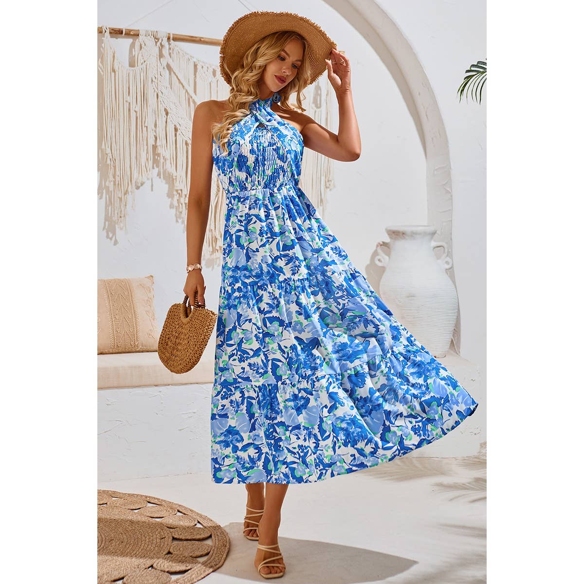 Off Shoulder Halter Floral A Line Ruffle Dress