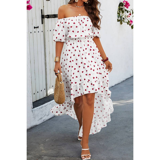 Off Shoulder Heart Print Ruffle Hem Dress | Dress - Women's | Dress, F, LK, midi dress, new arrival | Elings