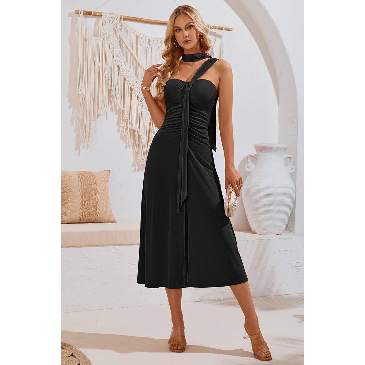 Off Shoulder Tie Front Sleeveless Fit Solid Dress | Dress - Women's | Dress, F, midi dress, new arrival, shoppe247 | Elings