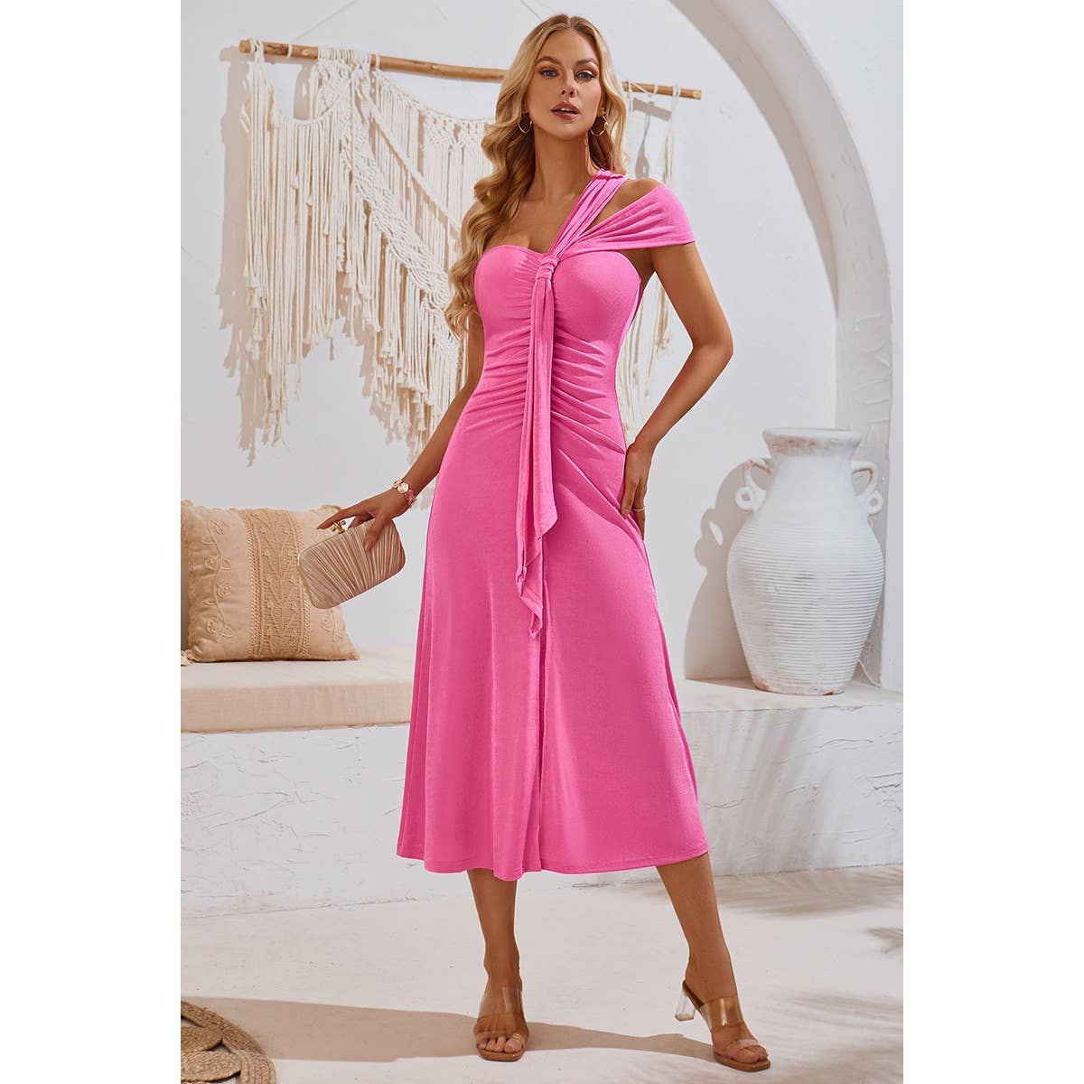 Off Shoulder Tie Front Sleeveless Fit Solid Dress