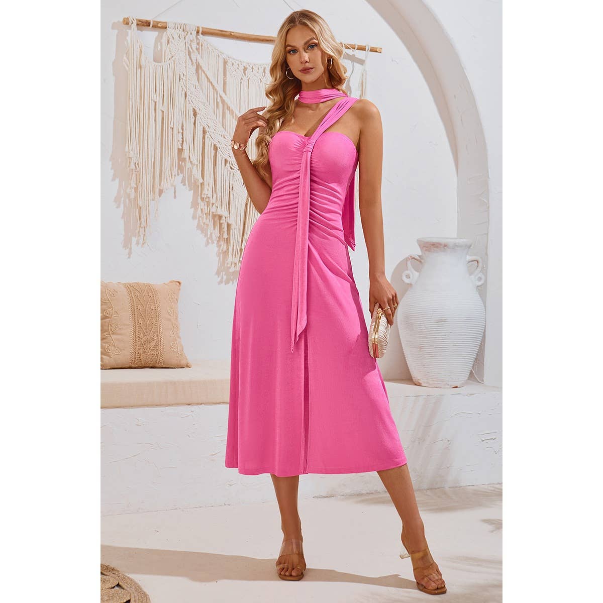 Off Shoulder Tie Front Sleeveless Fit Solid Dress