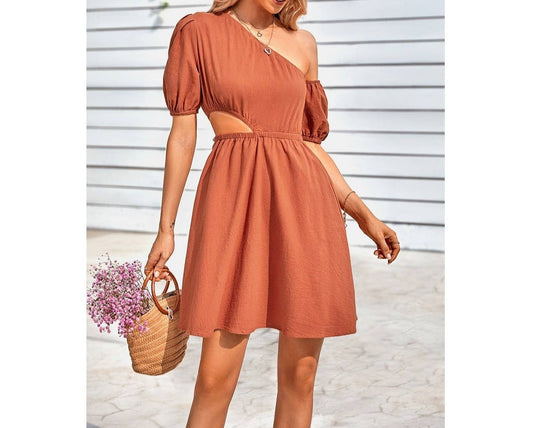 One Shoulder Puff Sleeve A Line Dress | Dress - Women's | 2402, above the knee, Dress, F, new arrival, shoppe247 | Elings