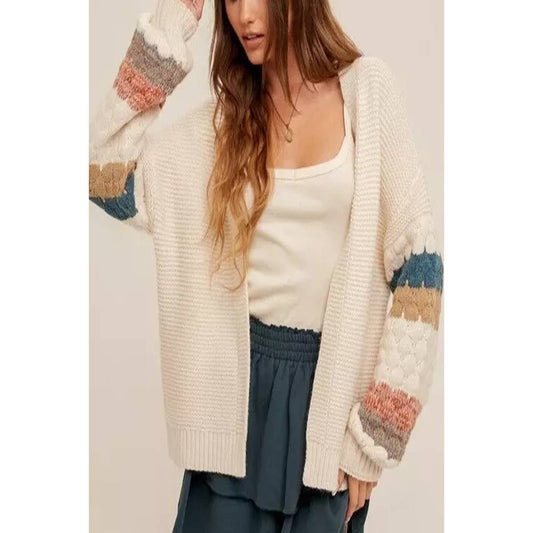 Open Front Crochet Sleeve Stripe Pattern Cardigan | Knit Sweater - Women's | cardigan, F, new arrival, shoppe247 | Elings