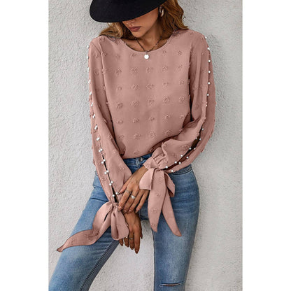 Open Sleeves Knot Dot Solid Round Neck Blouse - Elings