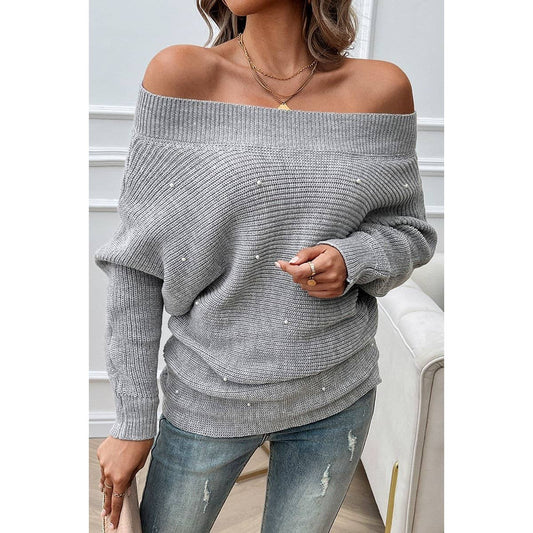 Pearl Trim Off Shoulder Knit Solid Loose Sweater | Knit Sweater - Women's | F, new arrival, shoppe247, SWEATER, Sweaters | Elings