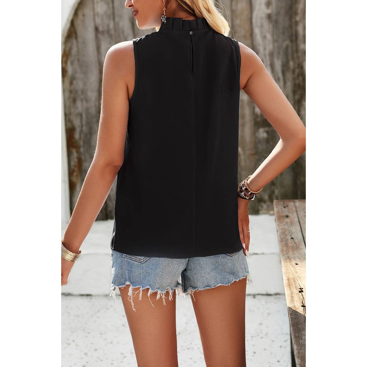 Pleated Ruched High Neck Sleeveless Blouson Top - Elings