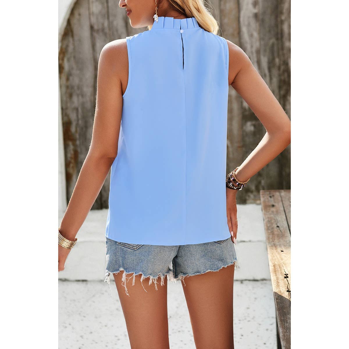 Pleated Ruched High Neck Sleeveless Blouson Top - Elings