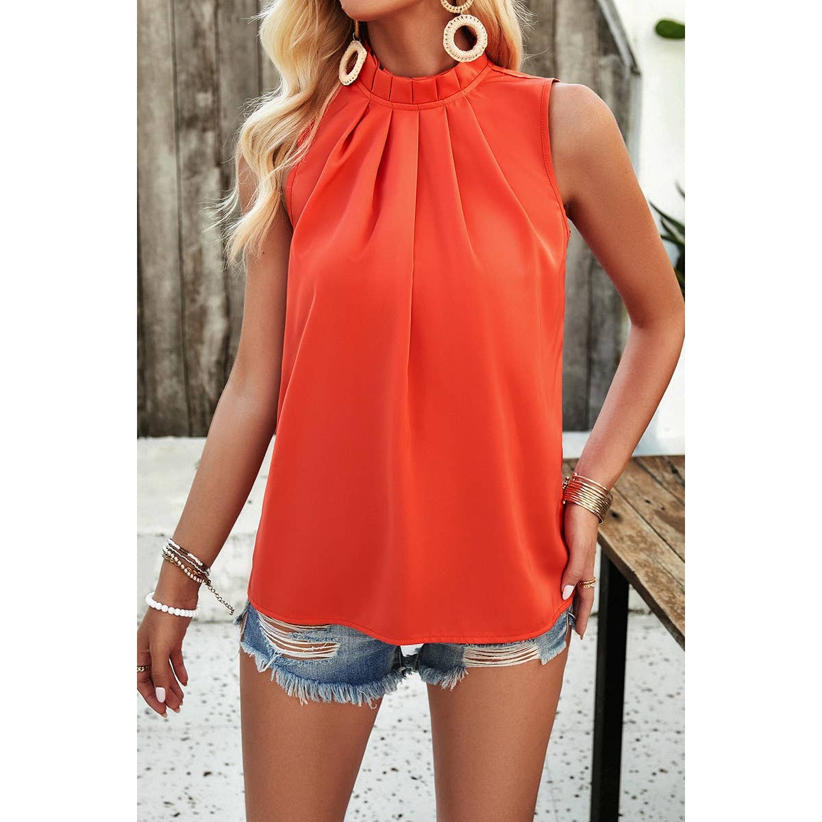 Pleated Ruched High Neck Sleeveless Blouson Top - Elings